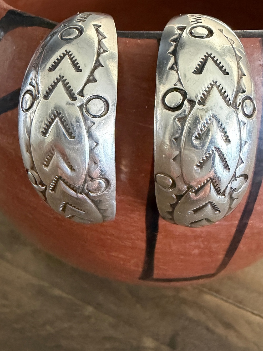 Vintage Southwestern Native Sterling Silver Hand Stamped Half Hoop Earrings
